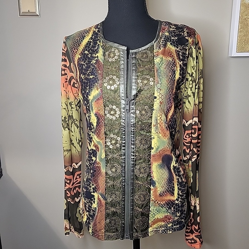 VINTAGE Pleats Collection by Pings Imports Womens ZipUp Blouse Set Sheer Artsy S